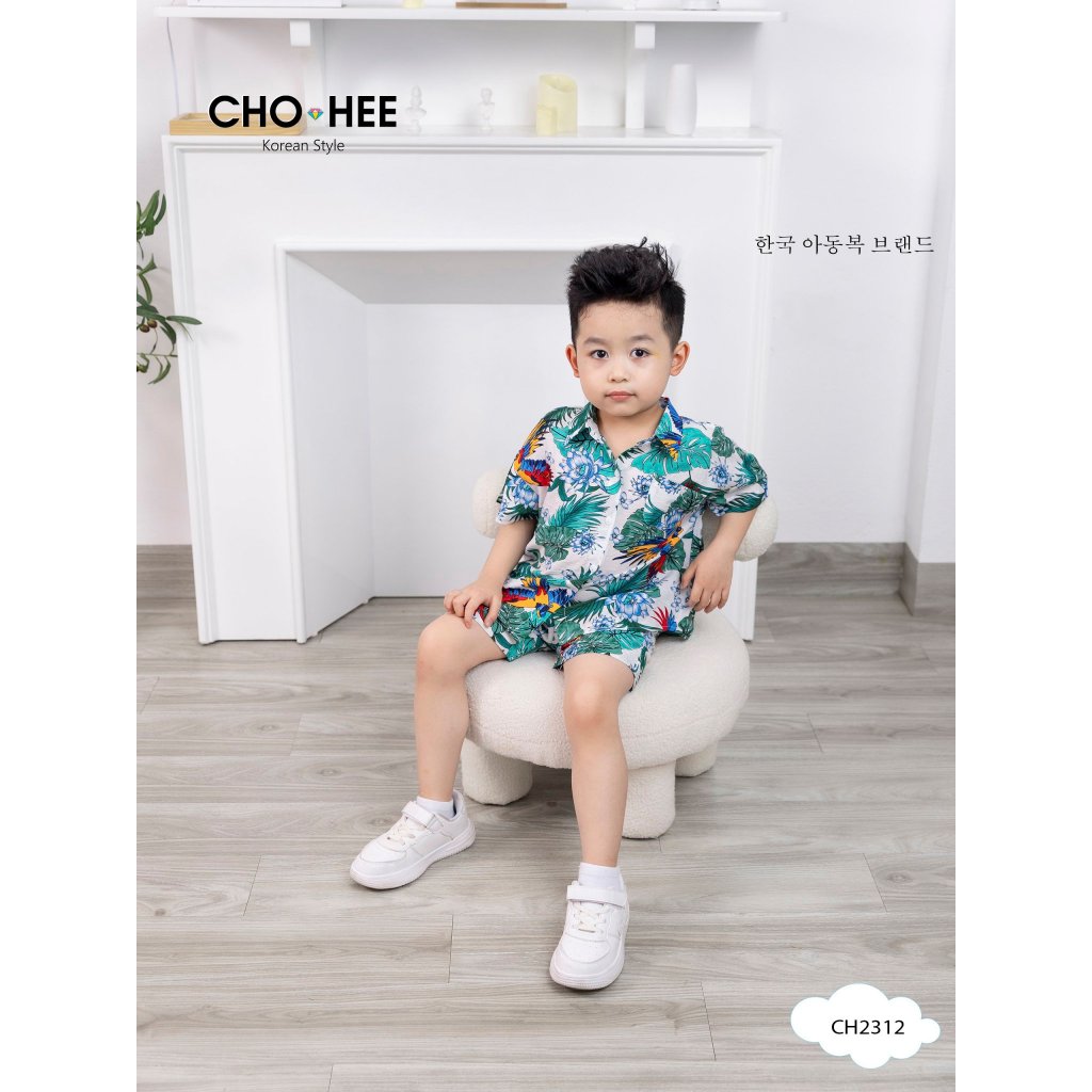 Đồ bộ bé trai, bộ sơ mi cho bé trai họa tiết hawai hoa lá du lịch đẹp size 10-40kg chất đũi xịn sò mềm mát