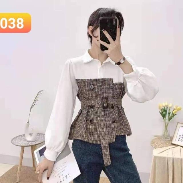 Áo sơ mi thắt eo phối kẻ chất đẹp (có ảnh thật)