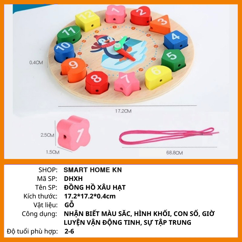 Đồ chơi cho bé đồng hồ gỗ xâu hạt giúp phát triển kỹ năng cho bé