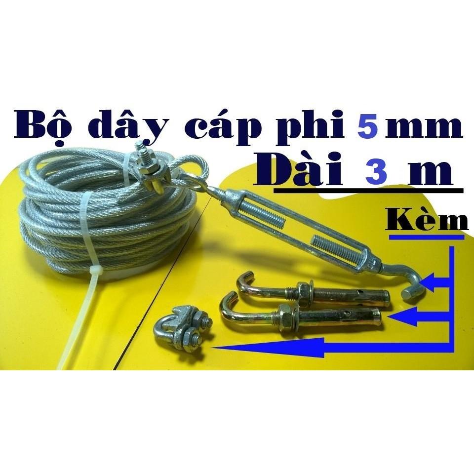 Dây phơi quần áo Phi 5mm, Tặng 2 khóa cáp, 1 tăng đơ, 2 nở móc sắt