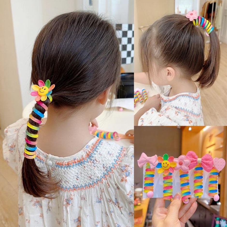 Dây Cột Tóc Dạng Lò Xo Xoắn Tạo Kiểu Màu Cầu Vồng Có Đính Hoa