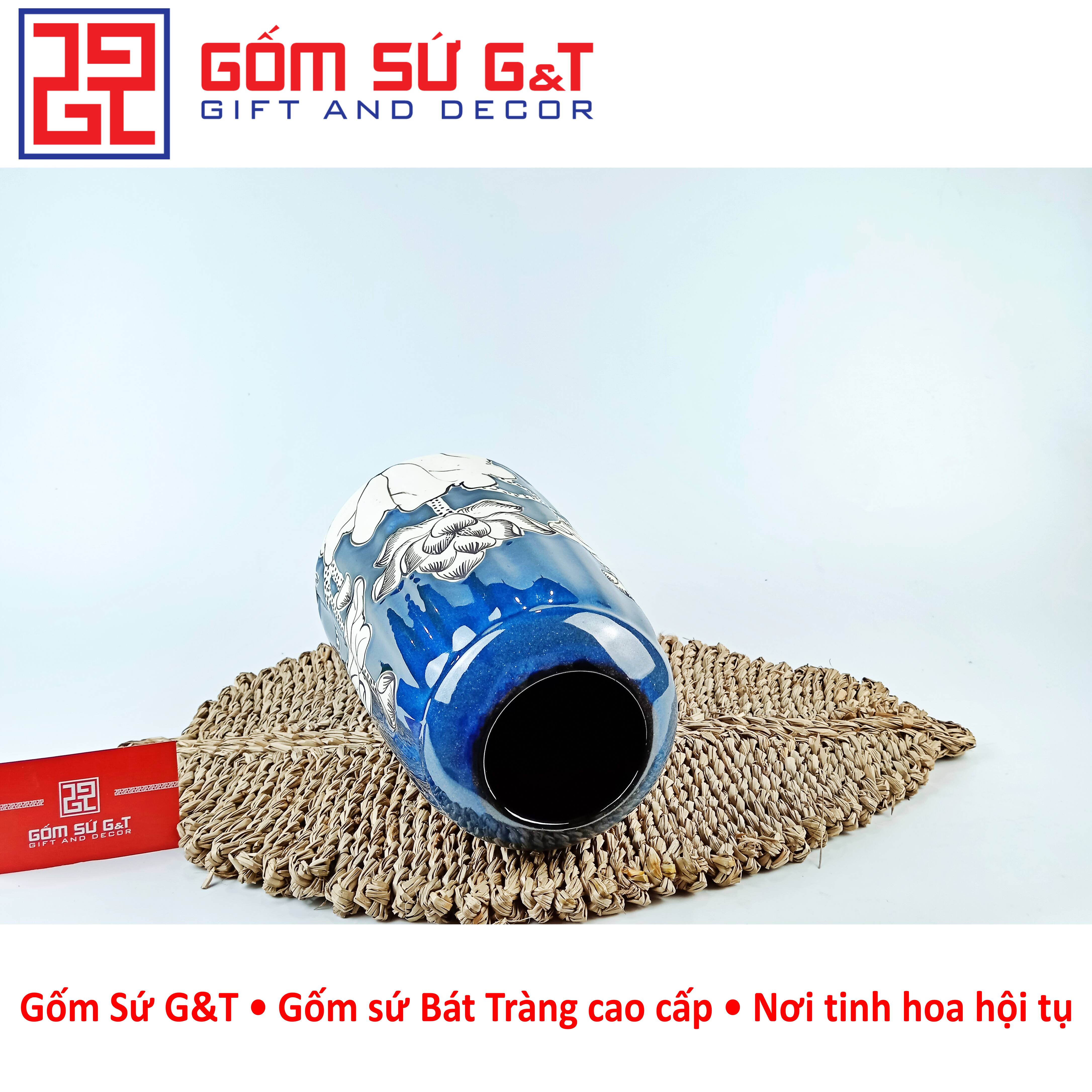 Lọ hoa men hỏa biến lá dứa miệng thấp vẽ sen Gốm Sứ G&amp;T