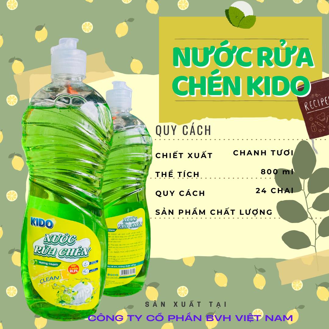 Nước Rửa Bát KiDo Hương Chanh Chiết Xuất 800ml Sạch Bay Dầu Mỡ
