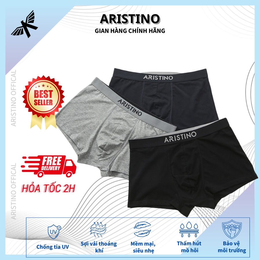 Combo 3 quân sịp đùi nam, set 3 quần lót boxer nam Aristino chất liệu cotton kháng khuẩn, khử mùi, co giãn 4 chiều thấm hút mồ hôi cực tốt ABX03707