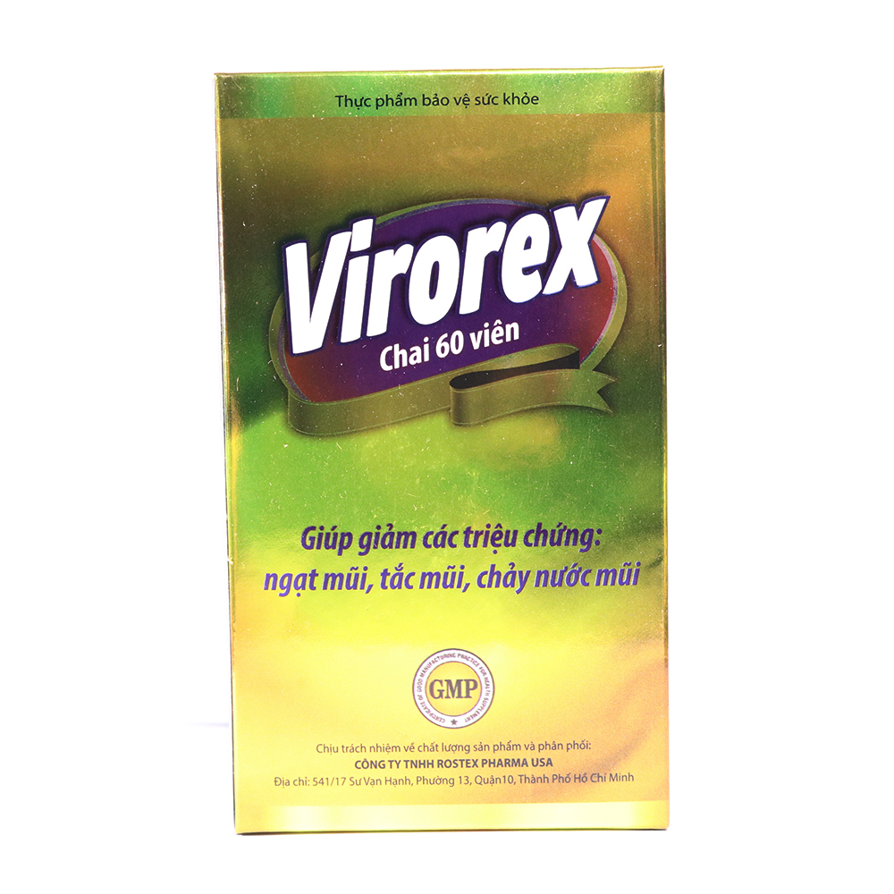 Viên uống VIROREX giảm viêm xoang, viêm mũi dị ứng, ngạt mũi, tắc mũi, chảy nước mũi - Hộp 60 viên thành phần Tân di hoa, Bạch chỉ, Thương nhĩ tử, Phòng phong, Bạc hà