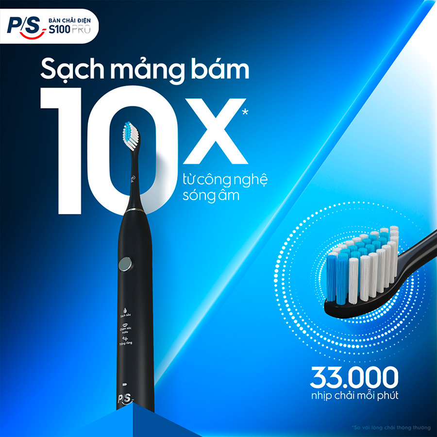 Bàn Chải Điện P/S S100 PRO Trắng Răng Công Nghệ Sóng Âm Đen Nhám Chải Sạch Mảng Bám Tới 10X 1 Bộ