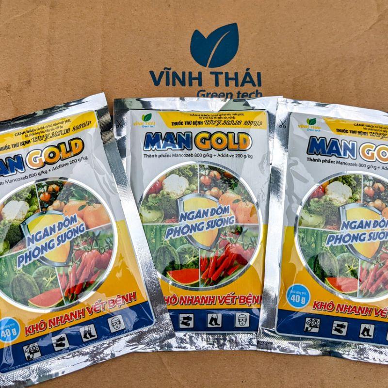 Thuốc trừ nấm bệnh Man gold 40g. Trị vàng lá, sương mai, đốm lá. Màu vàng nhạt không bẩn lá, hoa quả