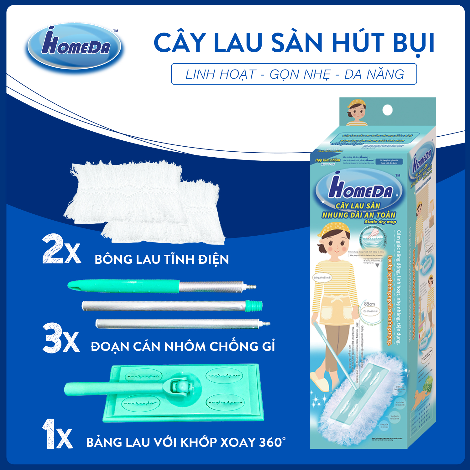 Combo 1 Bộ Cây Lau Sàn Đa Năng iHomeDa &amp; 5 + 5 Khăn ướt lau sàn kháng khuẩn tiện dụng iHomeDa ( Hương Cam &amp; Hương Lavender) - Combo 1 Multi functional cleaning mop and 5 + 5 flooring wet wipes/ iHomeda cleaning mop combine with wet wipes