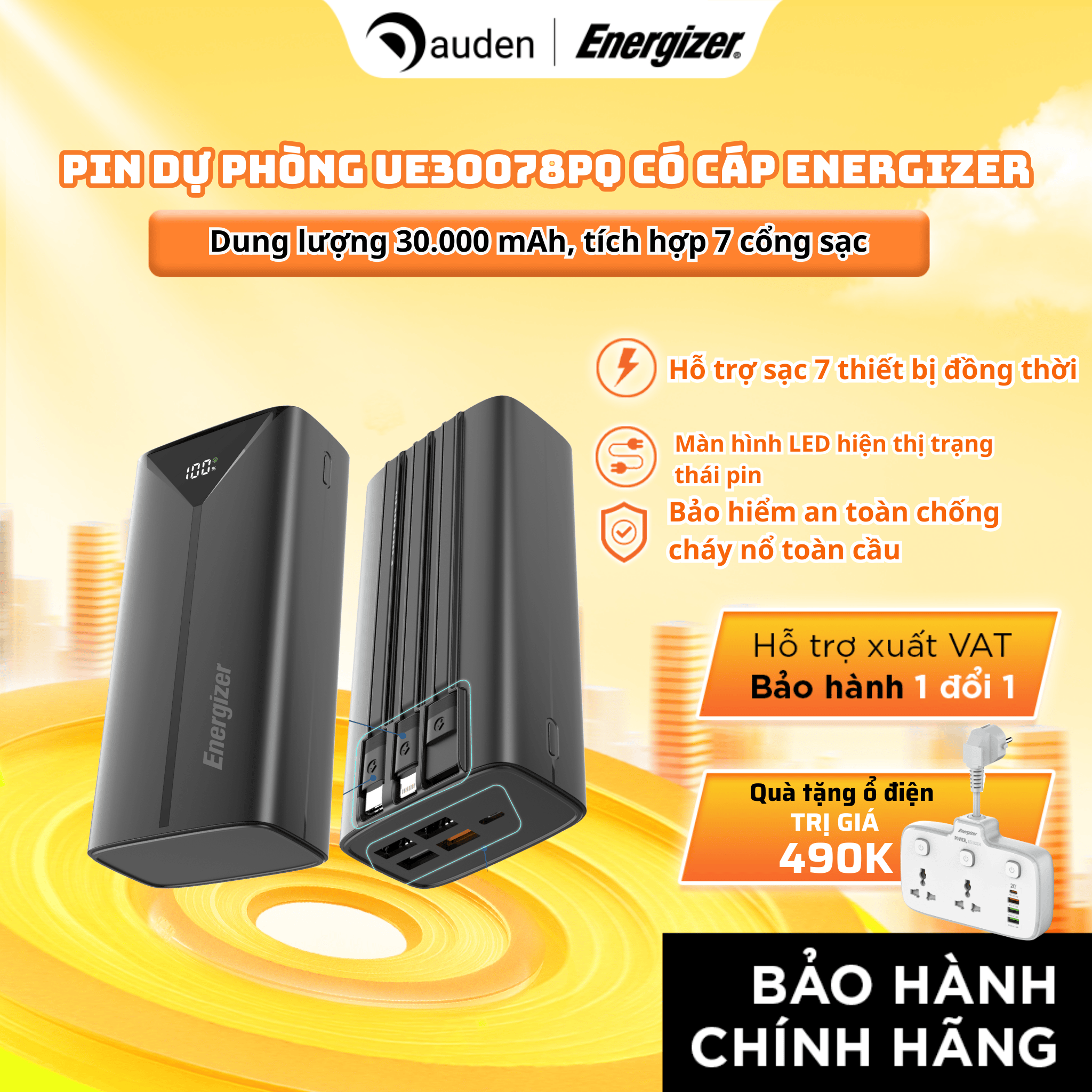 Sạc dự phòng Energizer 30,000mAh 45W, dây USB - A, type C, cổng L sạc 7 thiết bị - Hàng chính hãng