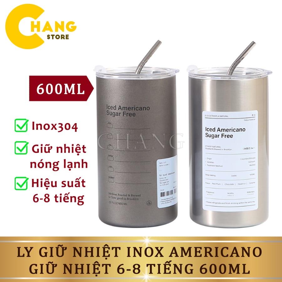 Ly Giữ Nhiệt Americano 600ML, Cốc Giữ Nhiệt Inox 304 Cao Cấp Không Gỉ Có Ống Hút Tiện Lợi