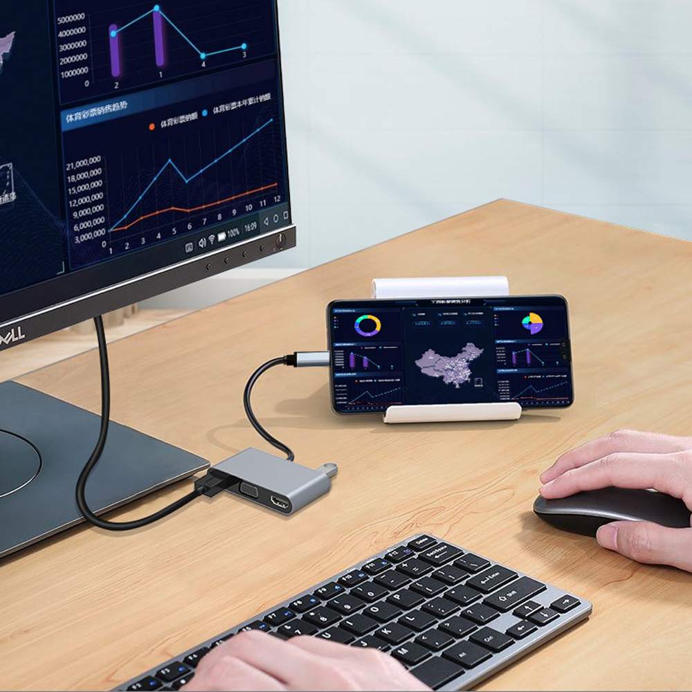 Bộ chuyển đổi đa năng 5 trong 1 USB-C HUB HDTV * 2 + VGA + USB + PD Hỗ trợ đa màn hình