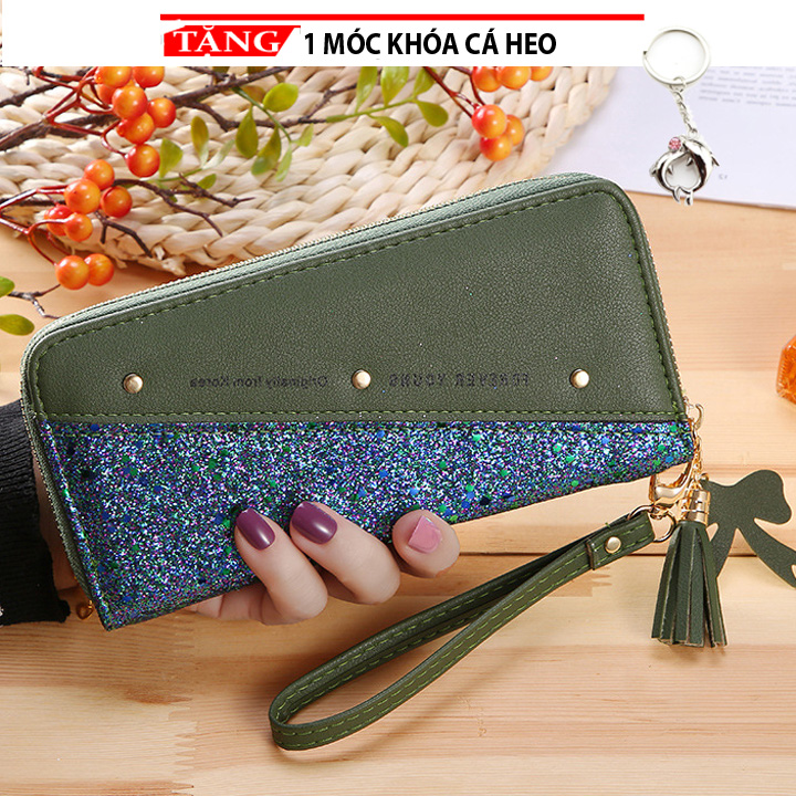 Ví nữ cầm tay thời trang xẻ xéo kim tuyến phủ keo trơn S47 Tặng móc khóa cá heo