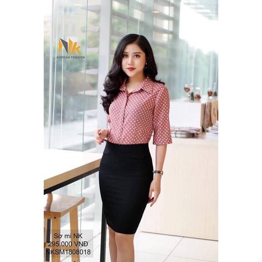 Áo sơ mi cổ đức tay lỡ chấm bi NK cao cấp