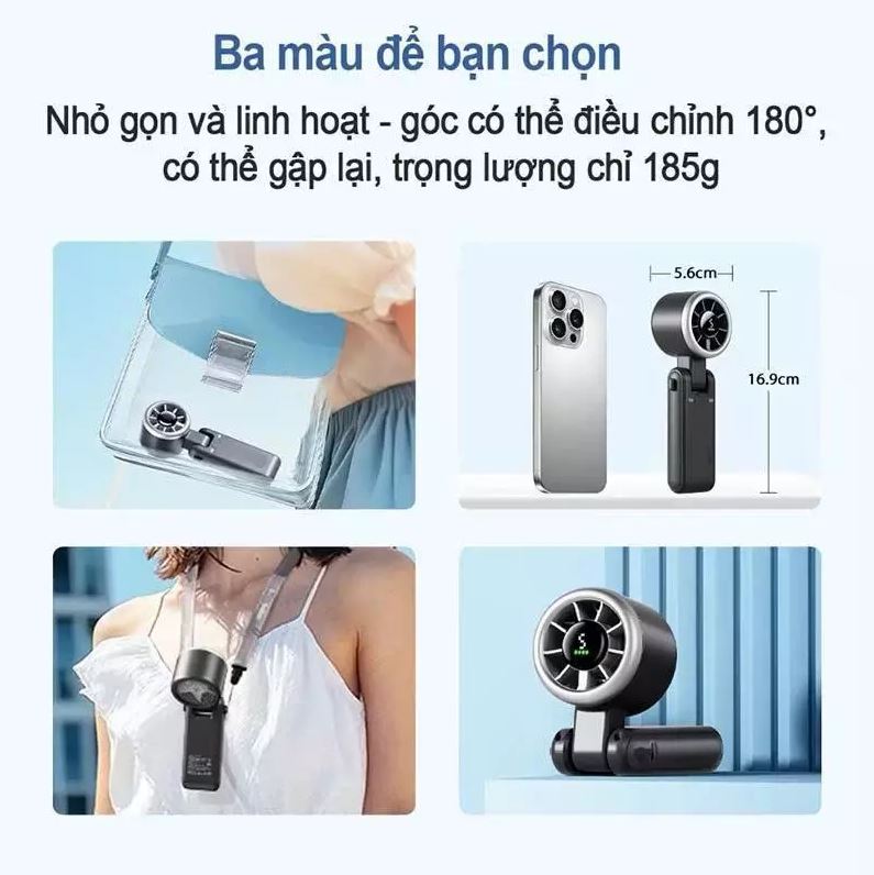 Quạt Cầm Tay  VMF-07 Xoay 180 Độ  5 Cấp Độ Gió Gấp Gọn Kèm Dây Đeo Cổ Tiện Lợi - hàng chính hãng