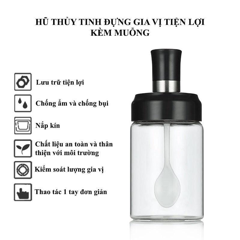 Lọ đựng gia vị thủy tinh, hũ đựng gia vị kèm muỗng thìa cao cấp dung tích 250ml