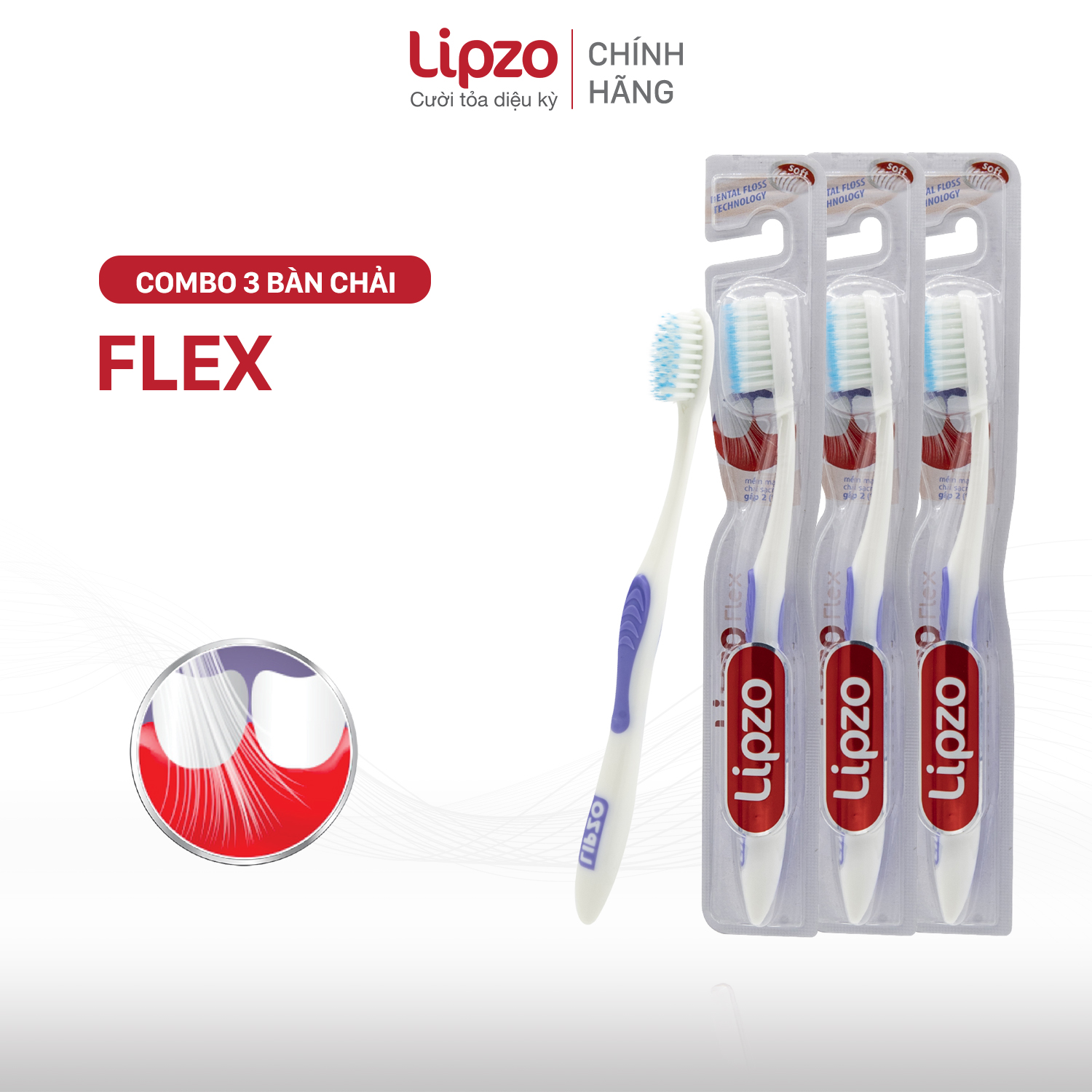 Combo 3 Bàn Chải Đánh Răng LIPZO Flex Khay Công Nghệ Lông Chỉ Tơ Nha Khoa Dành Cho Người Lớn