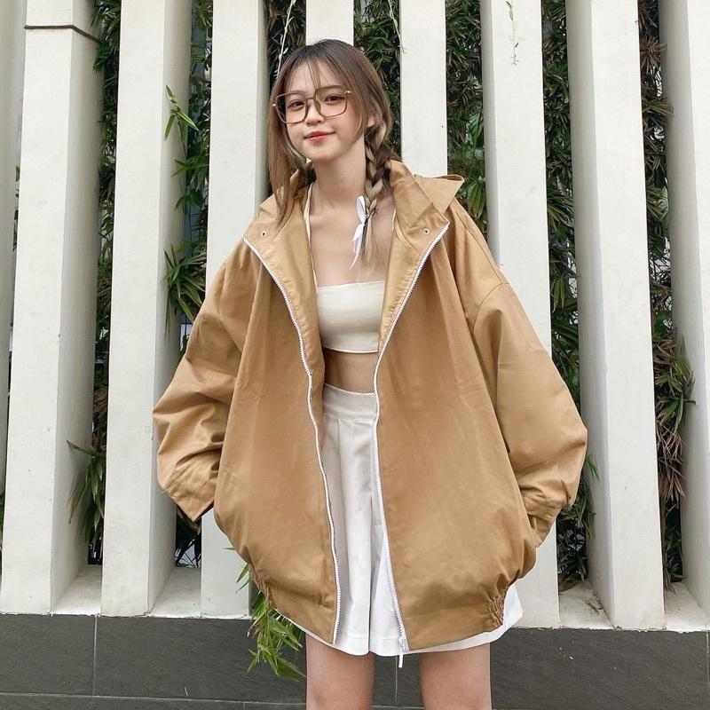 Áo Khoác Kaki TRƠN nón 2 lớp màu TAN Form Rộng Nam Nữ Unisex Áo khoác zip jaystoree
