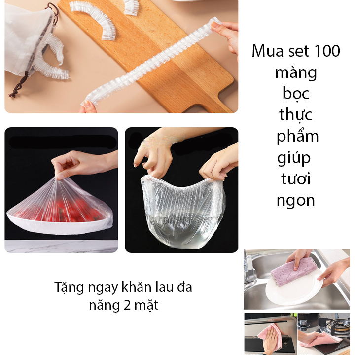 Set 100 màng bọc thực phẩm túi gấu Màng bọc thực phẩm PE có chun bọc đồ ăn co giãn tái sử dụng ( tặng kèm quà )