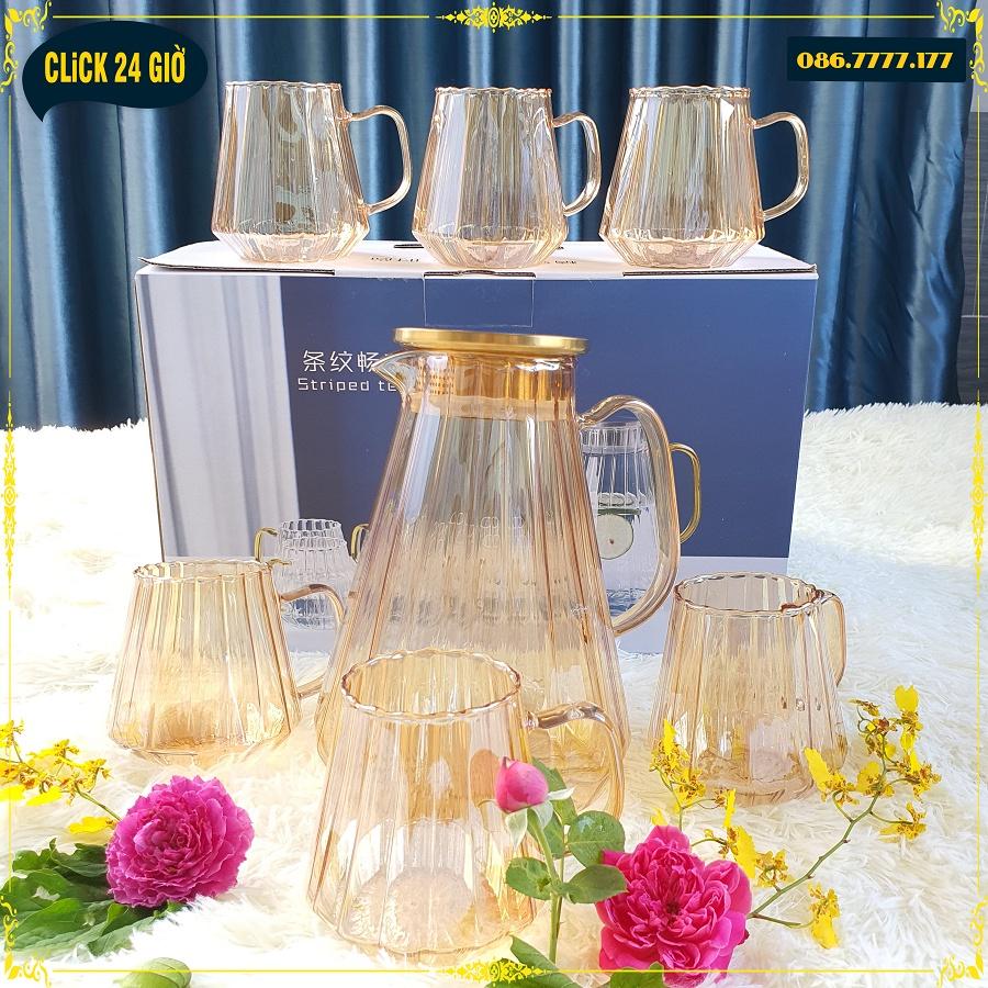 Bộ 1 Bình Và 6 Cốc Thủy Tinh Chịu Nhiệt Striped teapot - Màu Vàng Sang Chảnh