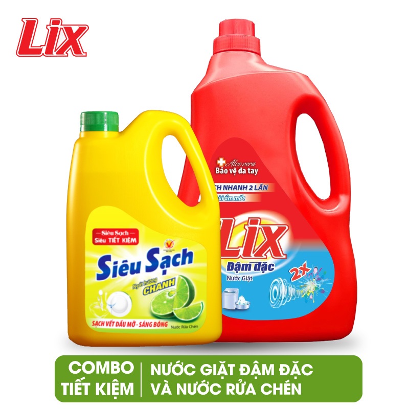 COMBO số 54 gồm Nước giặt Lix đậm đặc hương hoa 3.6kg NG360 + Nước rửa chén Lix siêu sạch hương chanh 1.4kg NS140