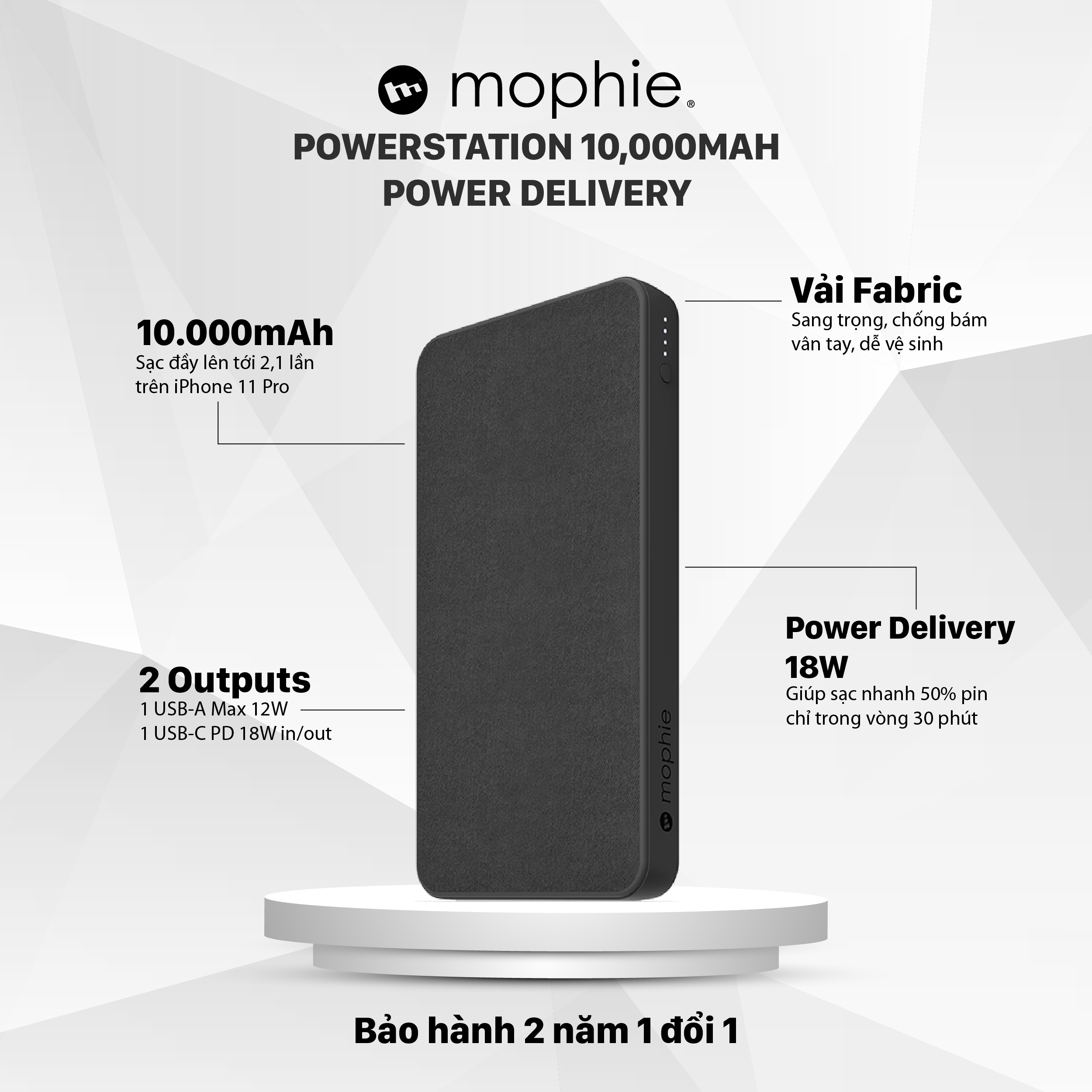 Sạc dự phòng Mophie Powerstation 10,000mAh Power Delivery - Hàng chính hãng