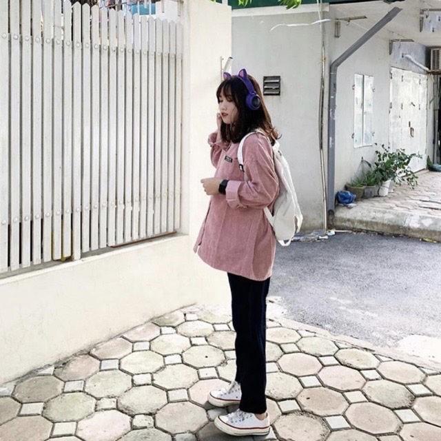 Áo khoác sơ mi nhung tăm dáng rộng ulzzang