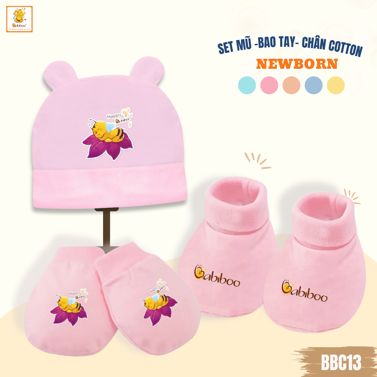 Set nón- bao tay - bao chân cho bé sơ sinh Babiboo vải cotton mềm mại, an toàn cho da BBC13