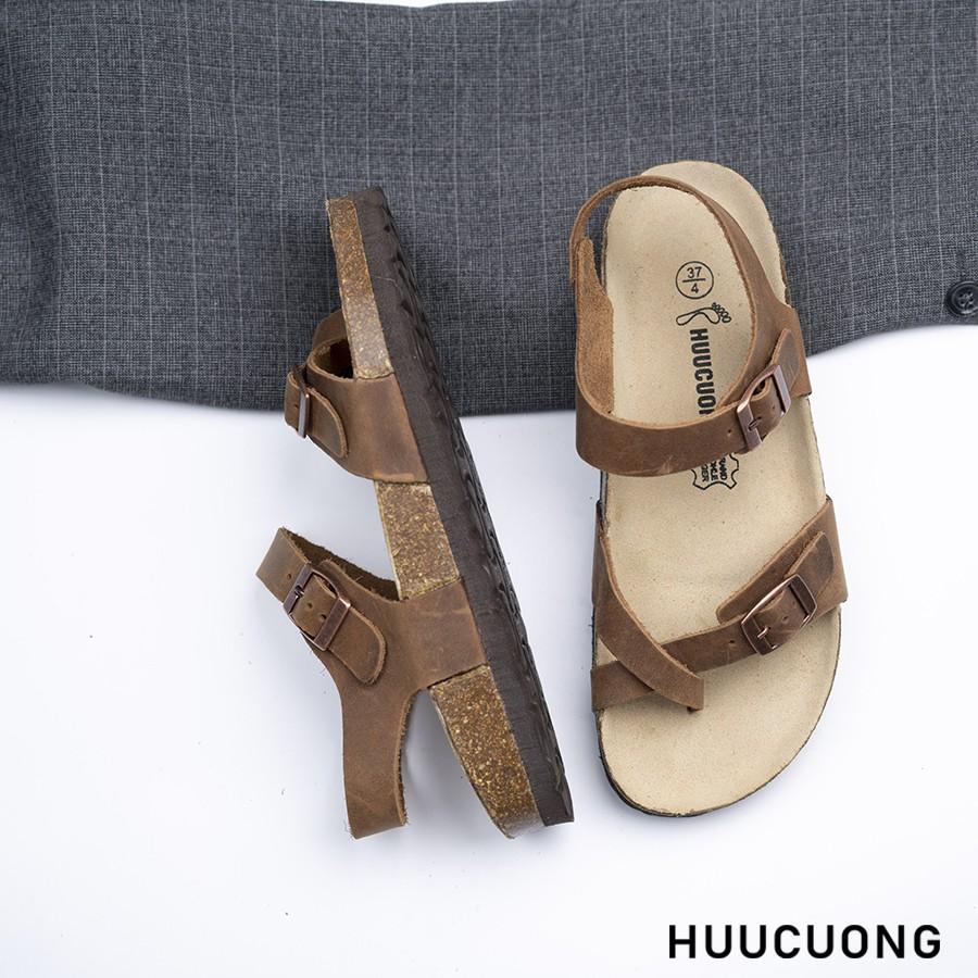 Giày Sandal Unisex HuuCuong xỏ ngón da bò nâu đế trấu