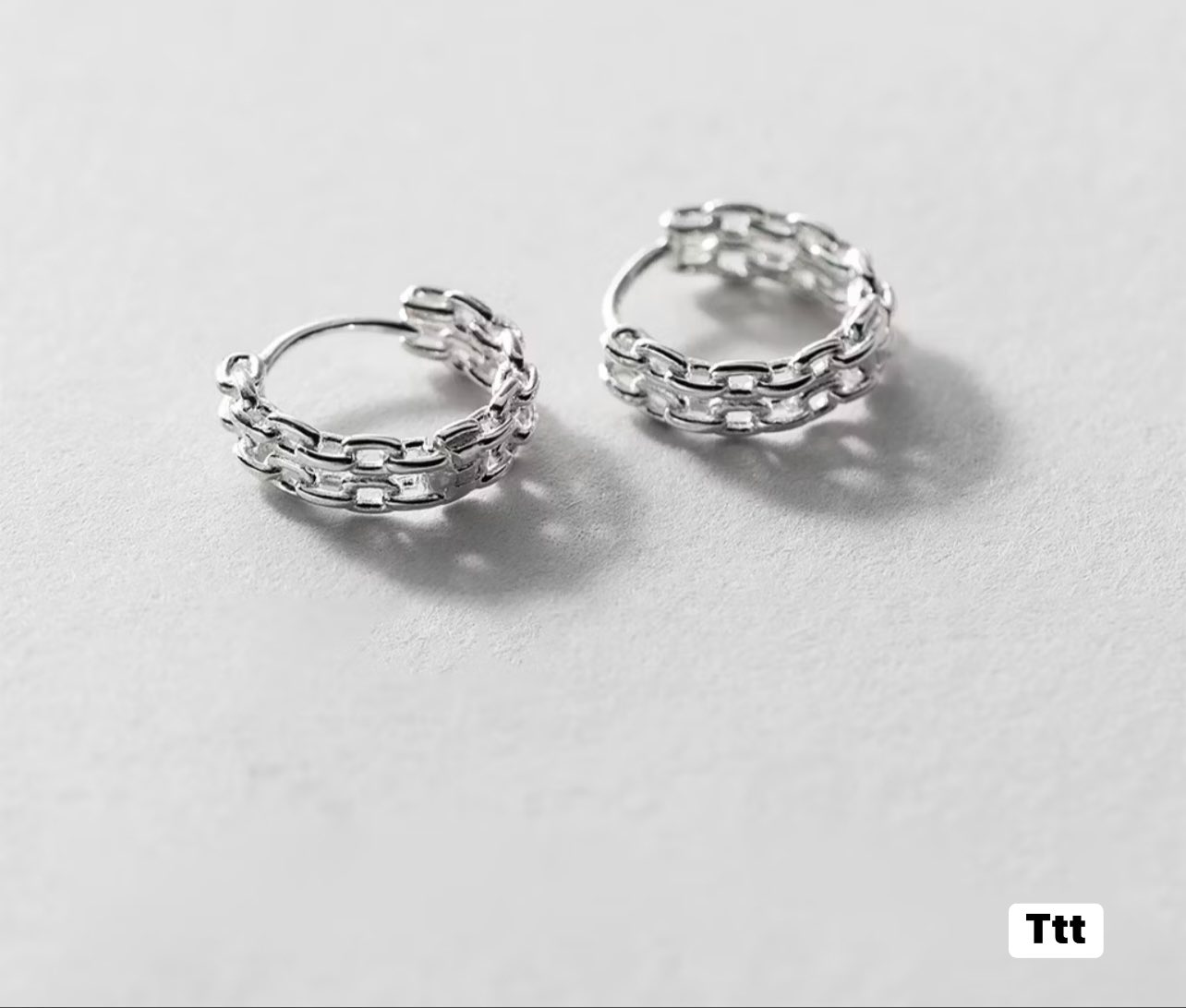 Bồn tai bạc thời trang khuyên bấm tròn mắt xích cá tính chất liệu bằng bạc s925 SA805