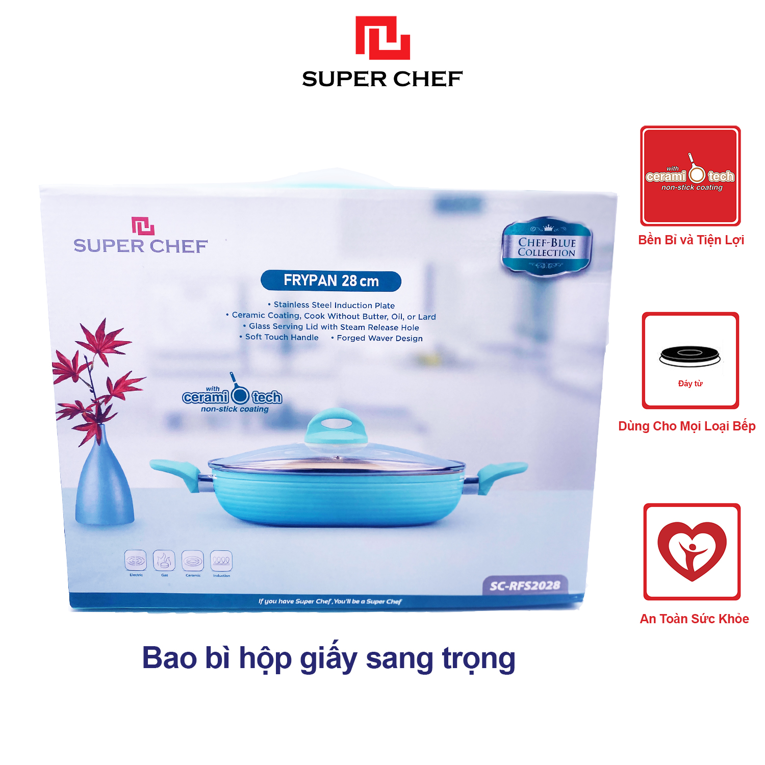 Chảo Xào Chống Dính Ceramic Đáy Từ 2 Quai Chef Blue Cao Cấp Mới, Đảm Bảo Sức Khỏe, Siêu Bền Bỉ Không Bong Tróc size 28cm Kèm Nắp Kính