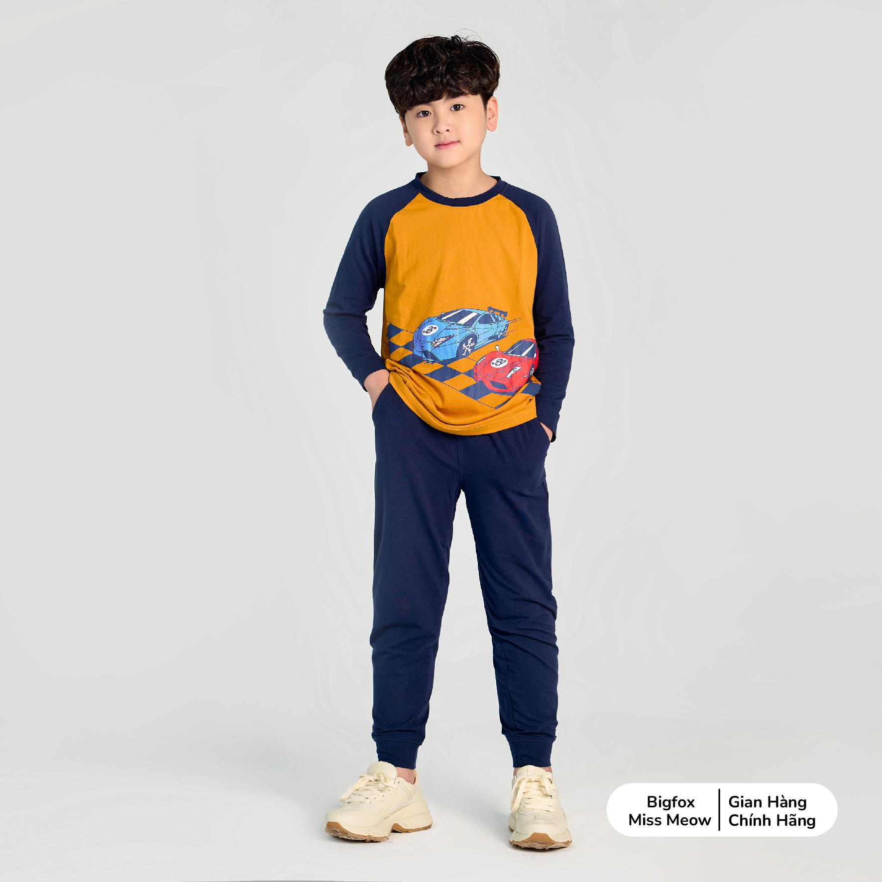 Bộ thu đông bé trai Bigfox Miss Meow size đại, bộ dài tay cho bé chất cotton dày in ô tô đua size trẻ em 3,4,5…11 tuổi