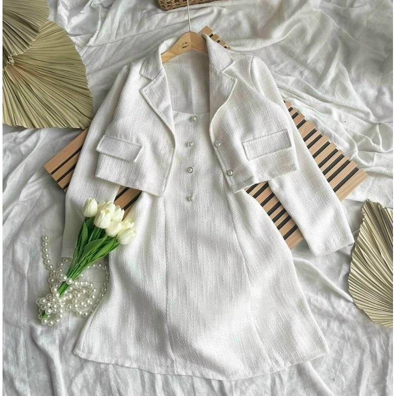 SET ĐẦM 2S DẠ BỐ + KHOÁC CROP ĐÍNH NÚT