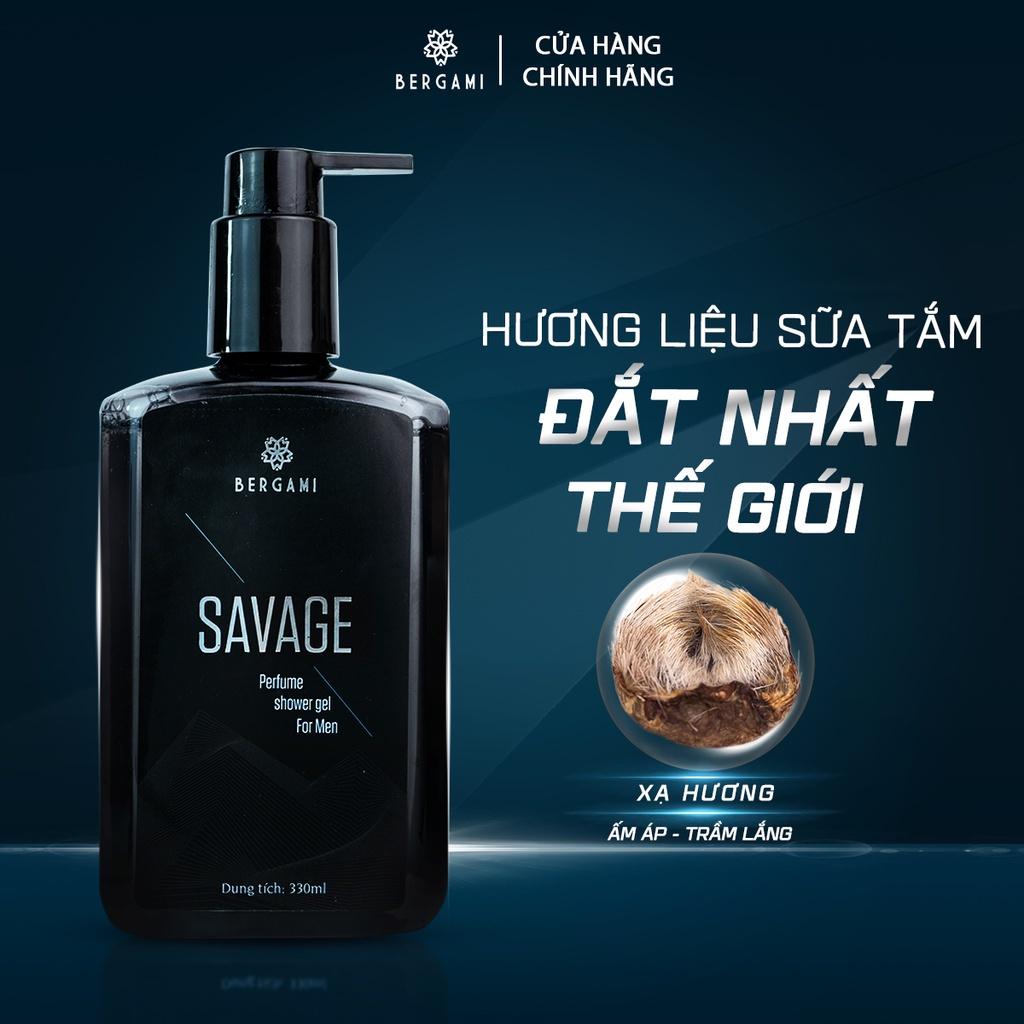 Sữa tắm nam Bergami Savage, hương nước hoa mùi GỖ SỒI, sạch sâu, dưỡng da tự tin thể hiện bản lĩnh 330ml/chai