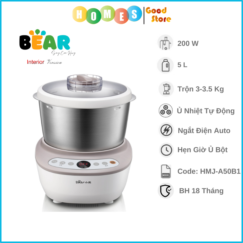 Máy Trộn Ủ Bột Làm Bánh Gia Đình Bear HMJ-A50B1 Dung Tích 5 Lít Công Suất 200 W - Hàng Nhập Khẩu