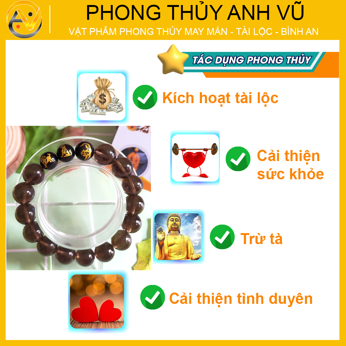 Vòng thạch anh đen khói dần ngọ tuất đã khai quang - chất liệu thạch anh khói - size 8 10 12ly - may mắn tài lộc - Vòng Tam Hợp Anh Vũ