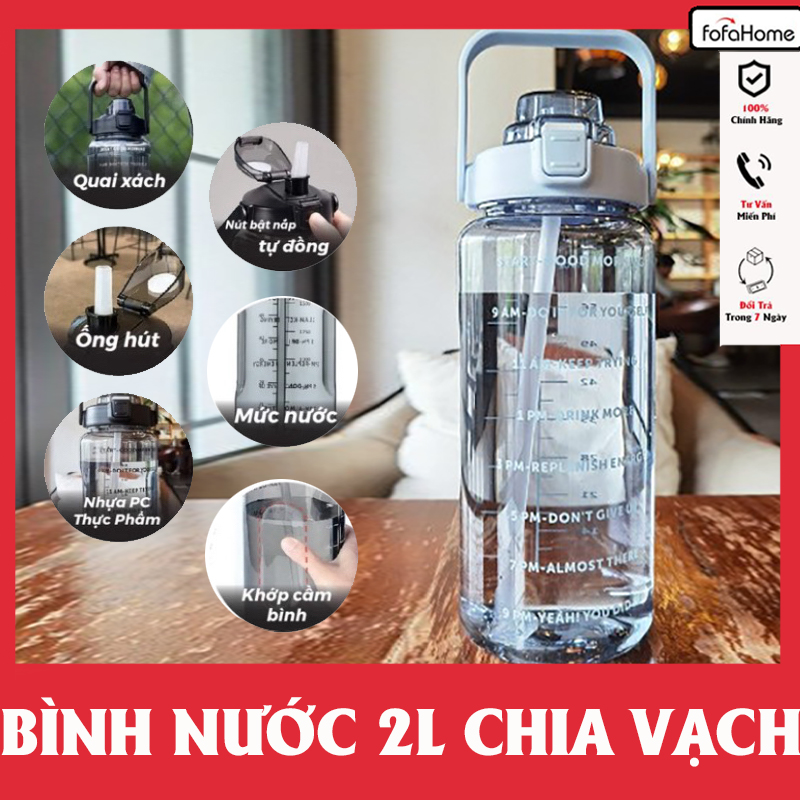 Bình Đựng Nước 2L Cute Có Vạch Báo Giờ Uống Nước,Chất Liệu Nhựa Cao Cấp