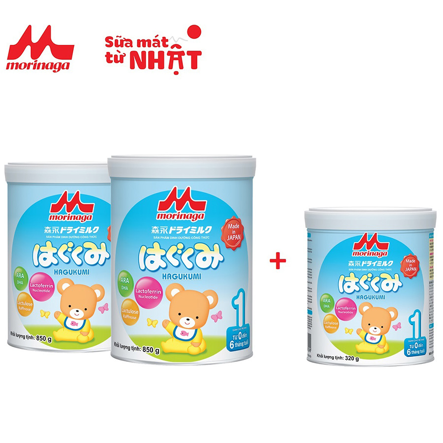 Combo 2 lon Sữa Morinaga số 1 (Hagukumi) 850g - Tặng 1 lon sữa cùng loại 320gr