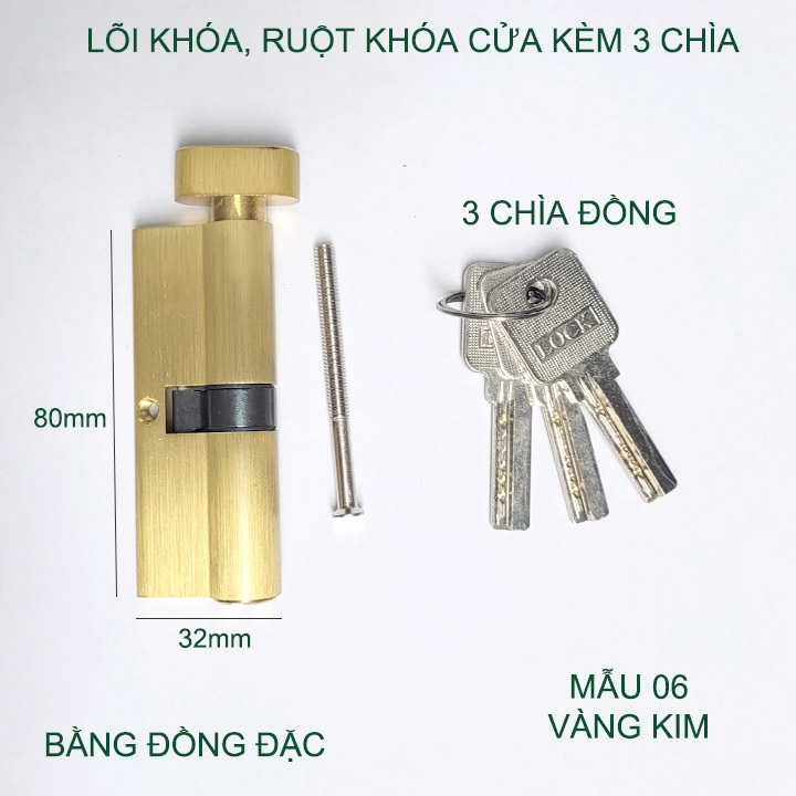 Lõi khóa cửa tay gạt dài 80mm, khóa 1 bên, vặn 1 bên kèm 3 chìa-Mẫu 6