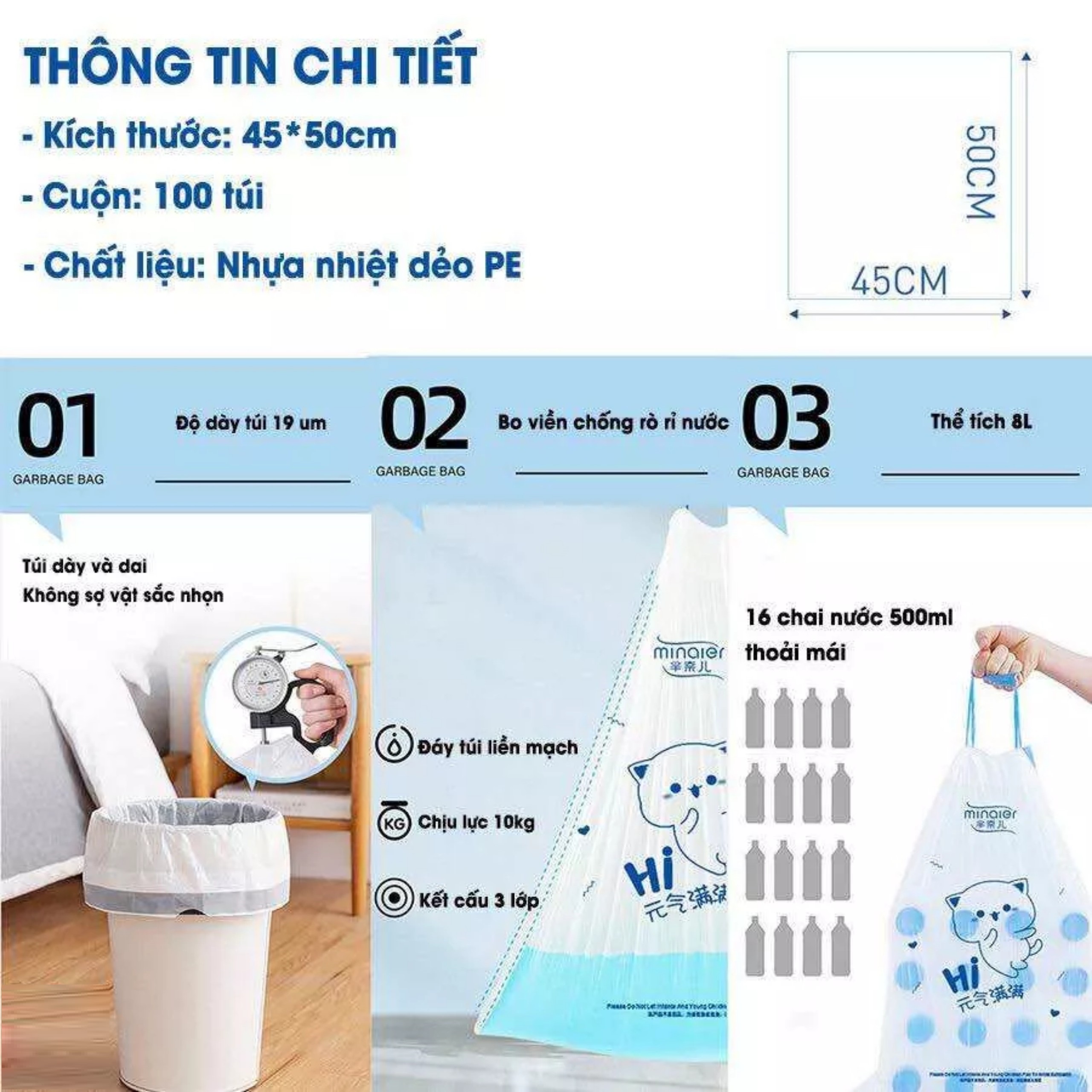 Túi Đựng Rác, Cuộn 100 Túi Có Quai Rút, Tự Huỷ Sinh Học, Kích Thước 45 x 50 cm, Siêu Dai, Chịu Nhiệt, Tiện Dụng Trong Gia Đình. TakyHome 5625