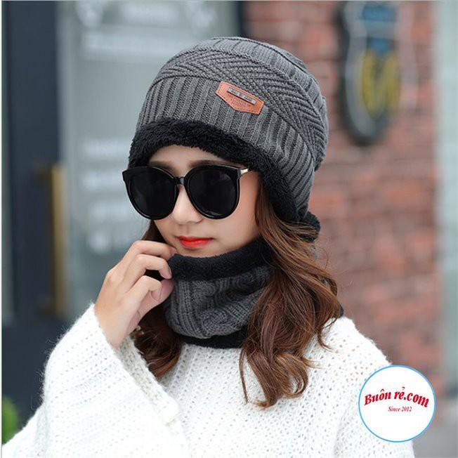 Mũ len kèm khăn ống quàng cổ lót lông dày dặn giữ ấm cho mùa đông - Bộ khăn nón len lót lông đa năng 01483
