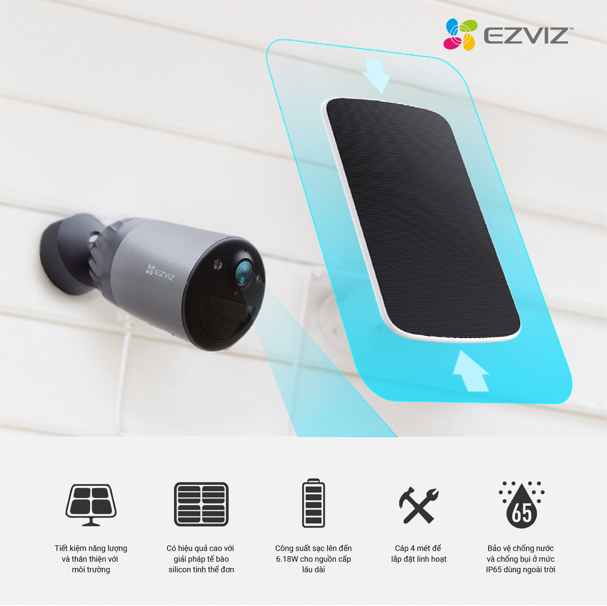 Camera wifi Ezviz không dây ngoài trời Dùng Pin Sạc BC1C + tấm pin mặt trời - Hàng chính hãng