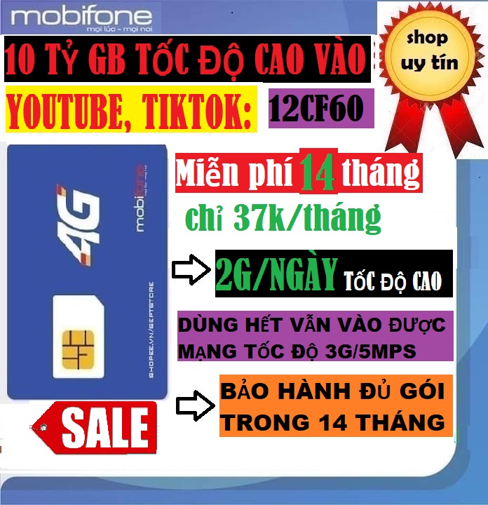 [Free 10 TỶ GB YOUTUBEE]Sim 4G Mobifone 12FD60-2Gb/ngày Miễn phí 14 tháng dùng hết vẫn vào được mạng- Hàng chính hãng