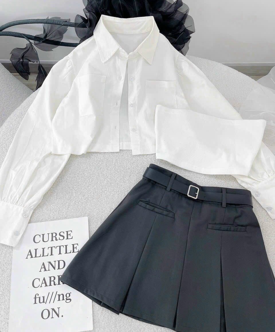ĐẦM SET ÁO CROPTOP SƠ MI KHOÁC LỬNG TAY DÀI + ÁO ỐNG + CHÂN VÁY NGẮN LƯNG CAO XẾP LY CHỮ A MIDI ĐI TIỆC ĐI CHƠI NOEL DẠO PHỐ GIÁNG SINH ĐI BIỂN