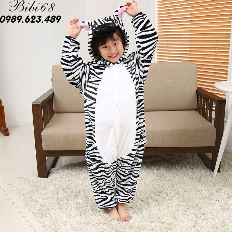 Bộ Đồ thú ngựa vằn liền thân lông mịn Pijama dành Cho Người Lớn và Trẻ Em kiểu dáng Động Vật Hoạt Hình Cosplay