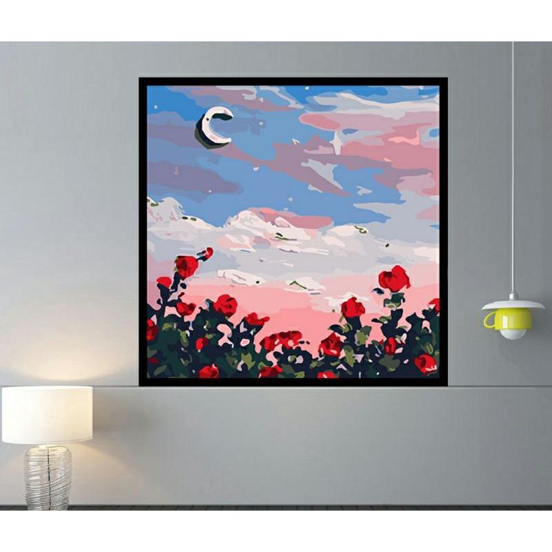 Tranh sơn dầu số hóa DIY đã căng khung khổ 40x40cm - Hoa và ánh trăng