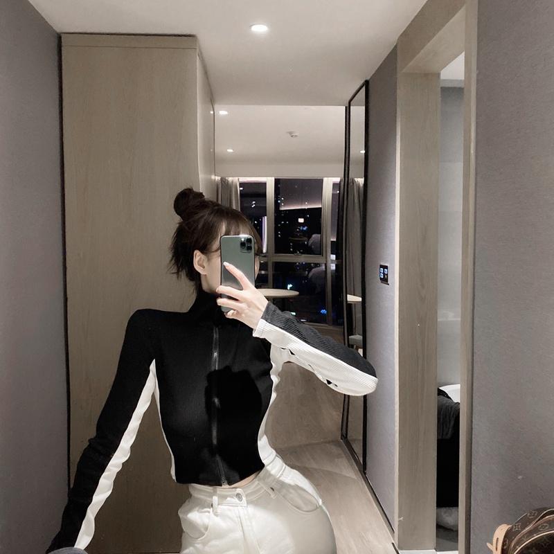 Áo Khoác Len Croptop Tay Dài, Màu Pha Co Dãn Phong Cách Hàn Quốc
