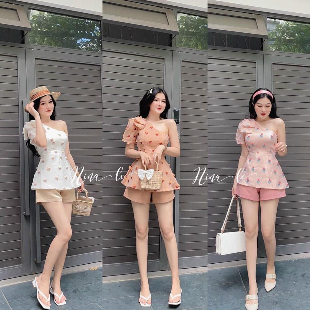 Set bộ đùi lệch vai kết nơ & Quần chéo nhung