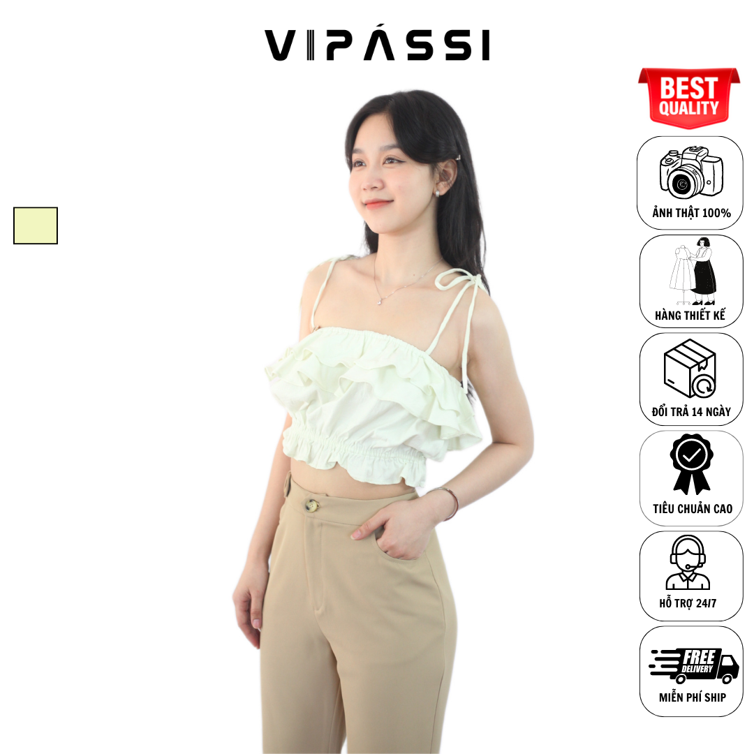 VIPÁSSI - Áo Hai Dây Linen Nhún Phối Bèo 2 Tầng Xanh Nhạt Ngắn Bo Thun Eo