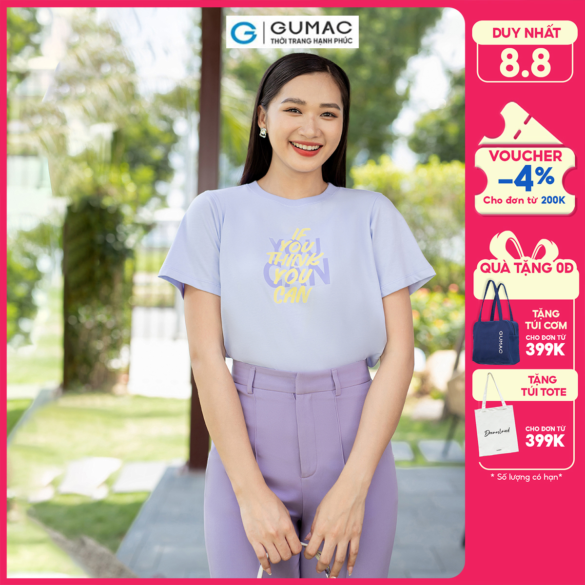 Áo thun nữ cotton tay ngăn cổ tròn in trẻ trung năng động thời trang GUMAC ATD07072