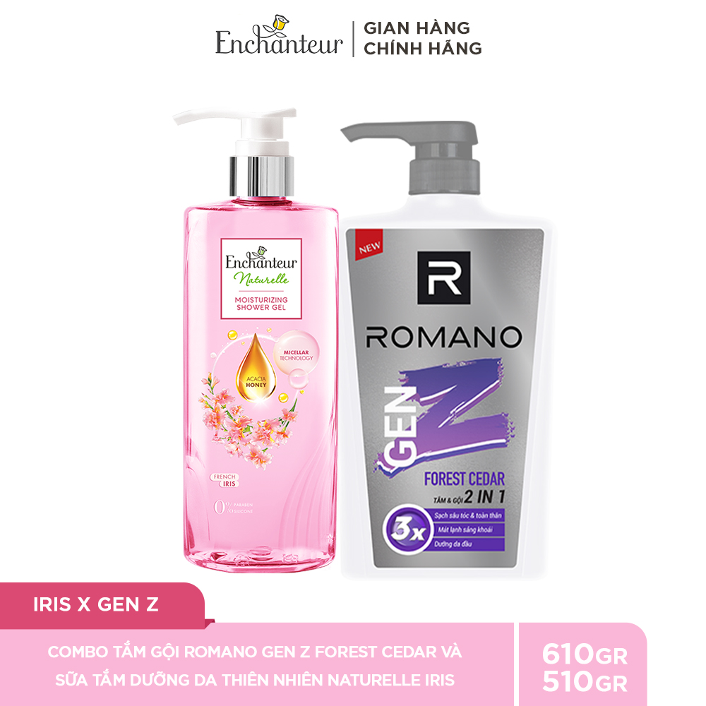 Combo Tắm Gội Romano GEN Z Forest Cedar 610G và Sữa Tắm dưỡng da thiên nhiên Naturelle Lavender/Iris/Rose 510g